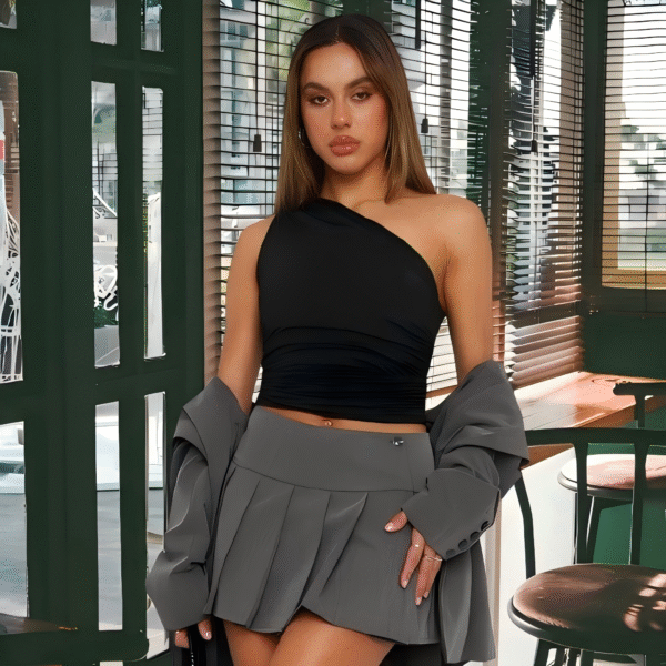 One shoulder pleated T-shirt Black