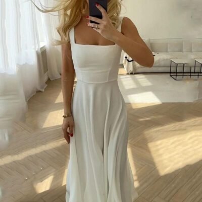 Square neck suspenders elegant waist dress