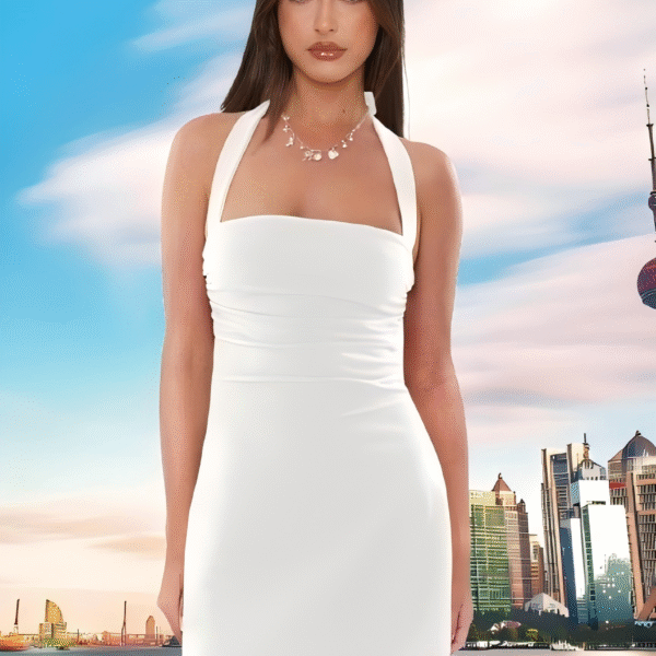 Halter neck tie slim pleated fashionable dress