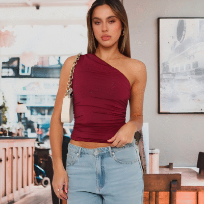 One shoulder pleated T-shirt Red